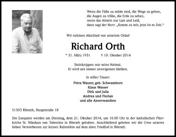 Anzeige von Richard Orth von Kölner Stadt-Anzeiger / Kölnische Rundschau / Express
