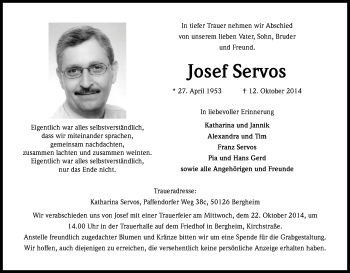 Anzeige von Josef Servos von Kölner Stadt-Anzeiger / Kölnische Rundschau / Express