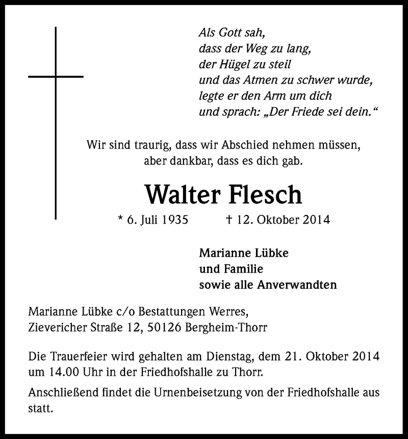  Traueranzeige für Walter Flesch vom 15.10.2014 aus Kölner Stadt-Anzeiger / Kölnische Rundschau / Express