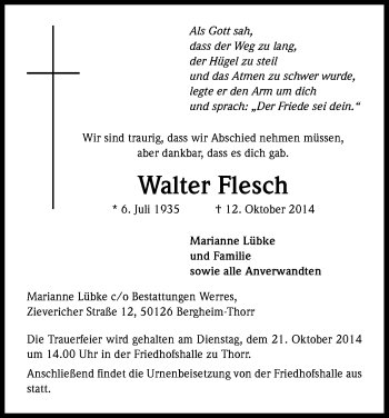 Anzeige von Walter Flesch von Kölner Stadt-Anzeiger / Kölnische Rundschau / Express