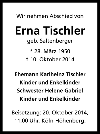 Anzeige von Erna Tischler von Kölner Stadt-Anzeiger / Kölnische Rundschau / Express