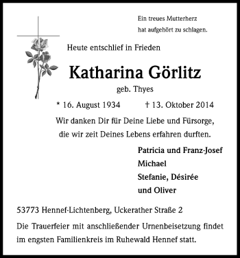 Anzeige von Katharina Görlitz von Kölner Stadt-Anzeiger / Kölnische Rundschau / Express
