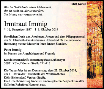 Anzeige von Irmtraut Immig von Kölner Stadt-Anzeiger / Kölnische Rundschau / Express