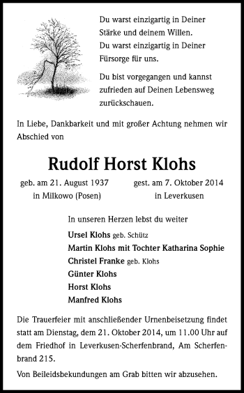 Anzeige von Rudolf Horst Klohs von Kölner Stadt-Anzeiger / Kölnische Rundschau / Express