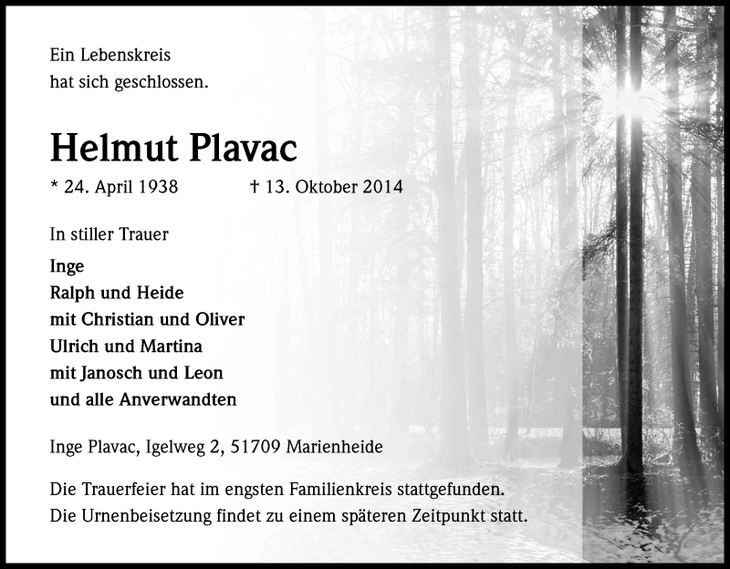  Traueranzeige für Helmut Plavac vom 17.10.2014 aus Kölner Stadt-Anzeiger / Kölnische Rundschau / Express