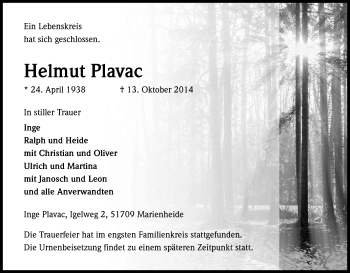 Anzeige von Helmut Plavac von Kölner Stadt-Anzeiger / Kölnische Rundschau / Express