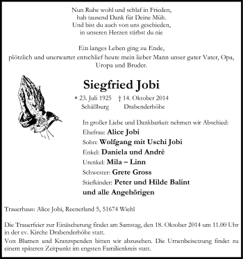 Anzeige von Siegfried Jobi von Kölner Stadt-Anzeiger / Kölnische Rundschau / Express