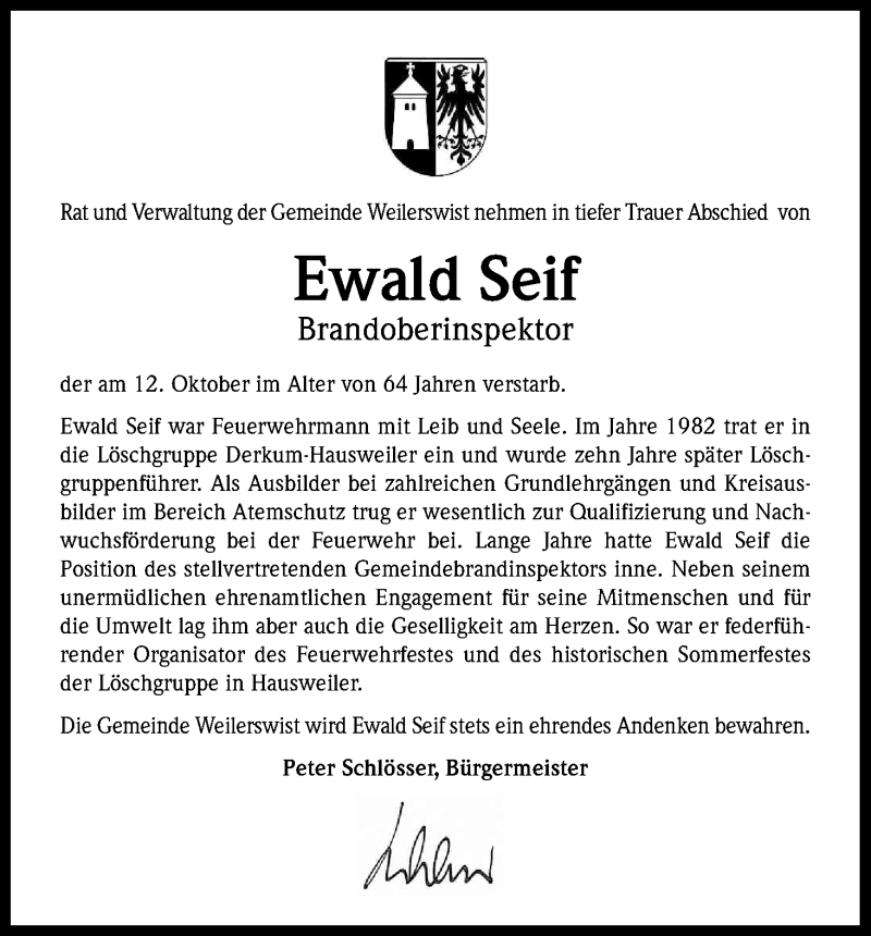  Traueranzeige für Ewald Seif vom 17.10.2014 aus Kölner Stadt-Anzeiger / Kölnische Rundschau / Express