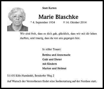 Anzeige von Marie Blaschke von Kölner Stadt-Anzeiger / Kölnische Rundschau / Express