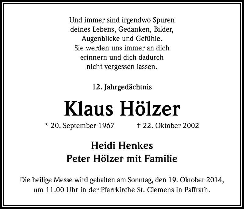  Traueranzeige für Klaus Hölzer vom 18.10.2014 aus Kölner Stadt-Anzeiger / Kölnische Rundschau / Express