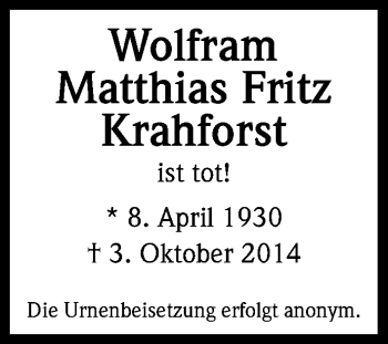 Anzeige von Wolfram Matthias Fritz Krahforst von Kölner Stadt-Anzeiger / Kölnische Rundschau / Express