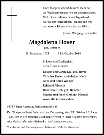 Anzeige von Magdalena Hover von Kölner Stadt-Anzeiger / Kölnische Rundschau / Express