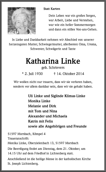 Anzeige von Katharina Linke von Kölner Stadt-Anzeiger / Kölnische Rundschau / Express
