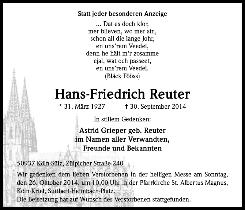  Traueranzeige für Hans-Friedrich Reuter vom 18.10.2014 aus Kölner Stadt-Anzeiger / Kölnische Rundschau / Express