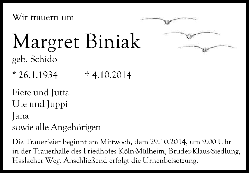  Traueranzeige für Margret Biniak vom 25.10.2014 aus Kölner Stadt-Anzeiger / Kölnische Rundschau / Express