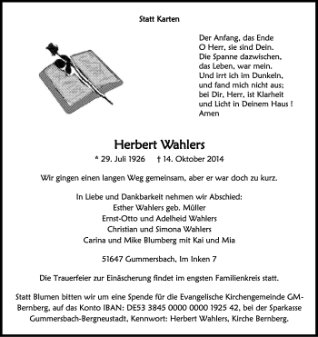 Anzeige von Herbert Wahlers von Kölner Stadt-Anzeiger / Kölnische Rundschau / Express