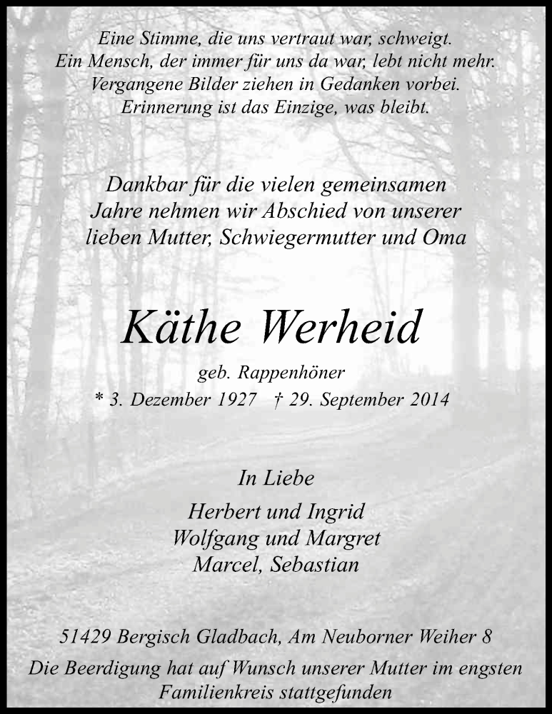  Traueranzeige für Käthe Werheid vom 18.10.2014 aus Kölner Stadt-Anzeiger / Kölnische Rundschau / Express