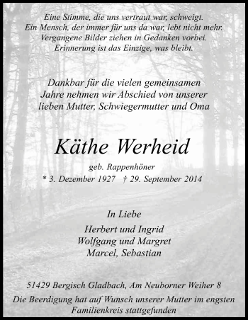 Anzeige von Käthe Werheid von Kölner Stadt-Anzeiger / Kölnische Rundschau / Express