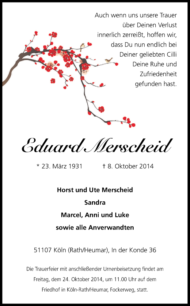 Traueranzeige für Eduard Merscheid vom 18.10.2014 aus Kölner Stadt-Anzeiger / Kölnische Rundschau / Express