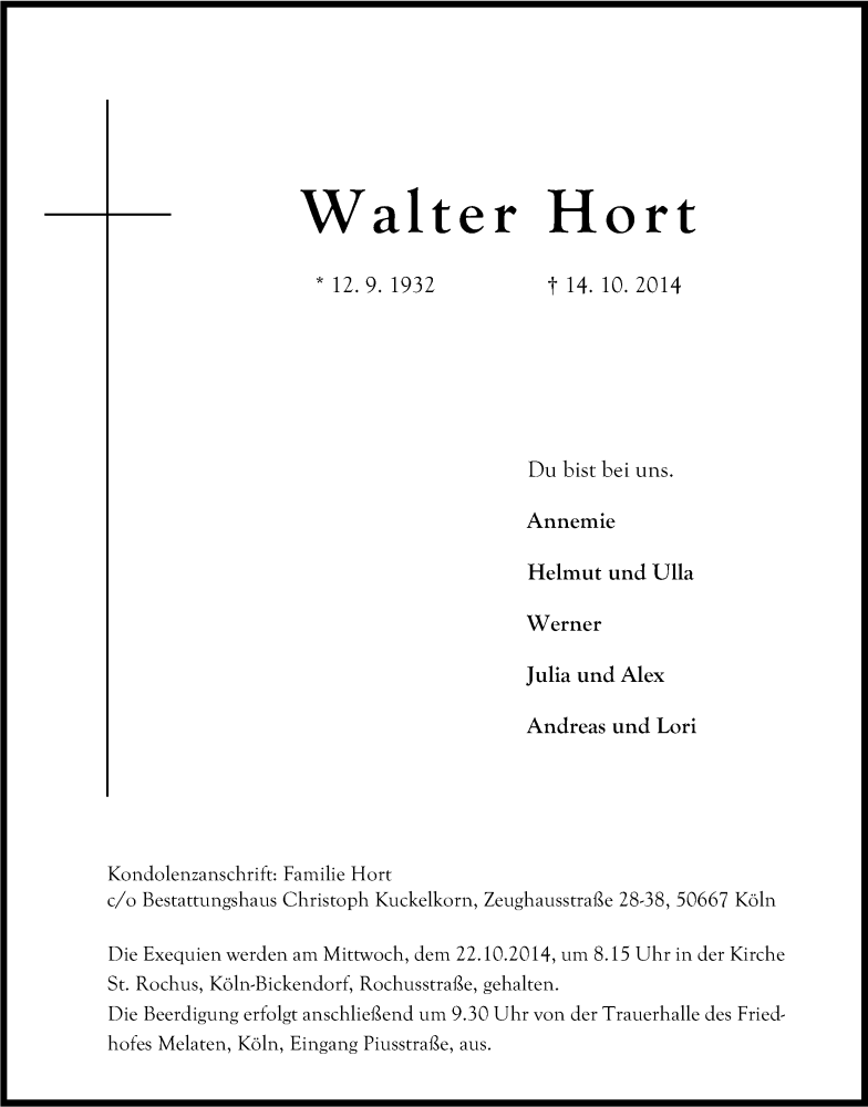  Traueranzeige für Walter Hort vom 18.10.2014 aus Kölner Stadt-Anzeiger / Kölnische Rundschau / Express