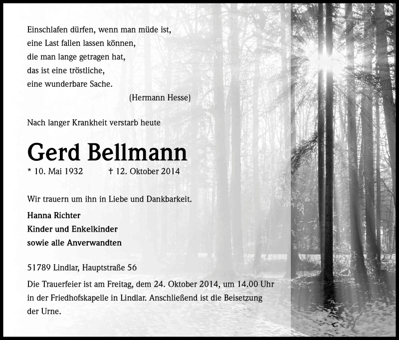  Traueranzeige für Gerd Bellmann vom 17.10.2014 aus Kölner Stadt-Anzeiger / Kölnische Rundschau / Express