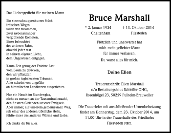 Anzeige von Bruce Marshall von Kölner Stadt-Anzeiger / Kölnische Rundschau / Express