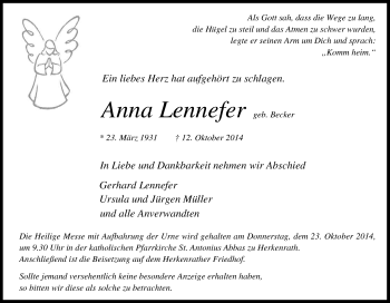 Anzeige von Anna Lennefer von Kölner Stadt-Anzeiger / Kölnische Rundschau / Express