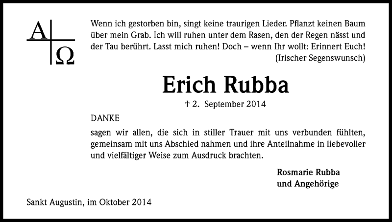  Traueranzeige für Erich Rubba vom 18.10.2014 aus Kölner Stadt-Anzeiger / Kölnische Rundschau / Express