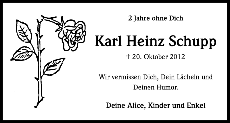  Traueranzeige für Karl Heinz Schupp vom 18.10.2014 aus Kölner Stadt-Anzeiger / Kölnische Rundschau / Express