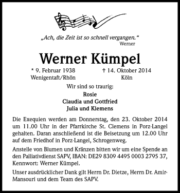 Anzeige von Werner Kümpel von Kölner Stadt-Anzeiger / Kölnische Rundschau / Express