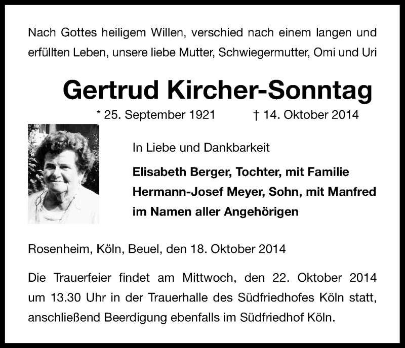 Traueranzeige für Gertrud Kircher-Sonntag vom 18.10.2014 aus Kölner Stadt-Anzeiger / Kölnische Rundschau / Express