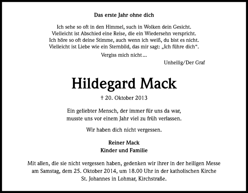  Traueranzeige für Hildegard Mack vom 18.10.2014 aus Kölner Stadt-Anzeiger / Kölnische Rundschau / Express
