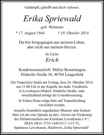 Anzeige von Erika Spriewald von Kölner Stadt-Anzeiger / Kölnische Rundschau / Express