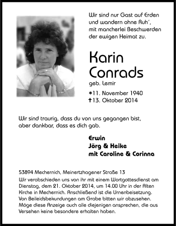 Anzeige von Karin Conrads von Kölner Stadt-Anzeiger / Kölnische Rundschau / Express