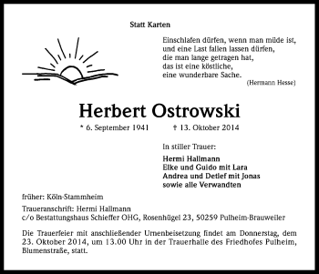 Anzeige von Herbert Ostrowski von Kölner Stadt-Anzeiger / Kölnische Rundschau / Express