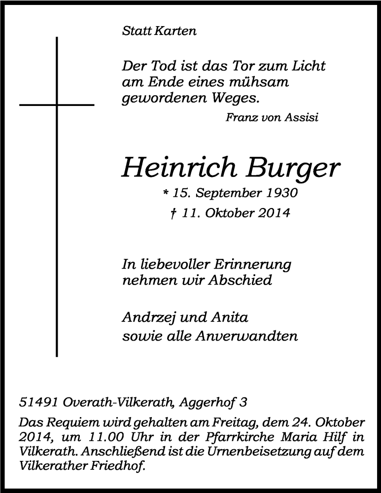 Traueranzeige für Heinrich Burger vom 18.10.2014 aus Kölner Stadt-Anzeiger / Kölnische Rundschau / Express