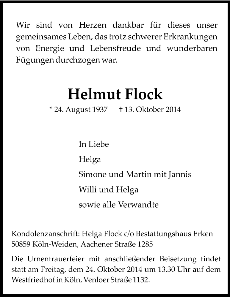  Traueranzeige für Helmut Flock vom 18.10.2014 aus Kölner Stadt-Anzeiger / Kölnische Rundschau / Express
