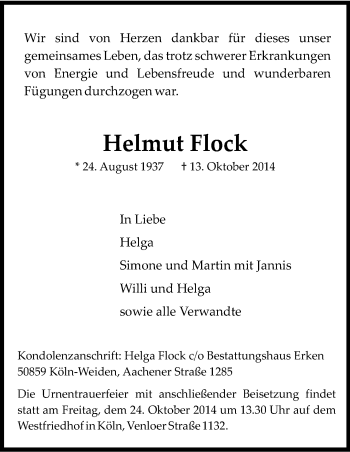 Anzeige von Helmut Flock von Kölner Stadt-Anzeiger / Kölnische Rundschau / Express