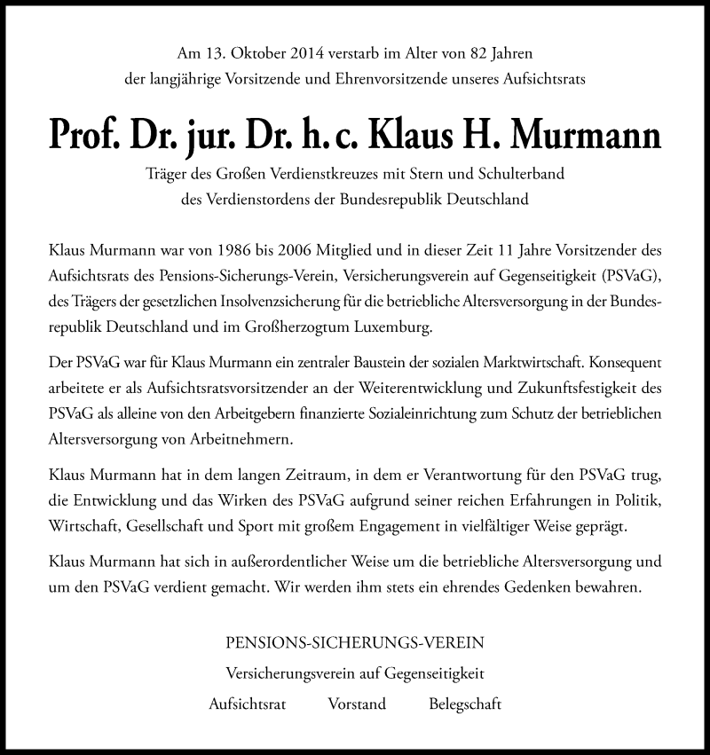  Traueranzeige für Klaus Murmann vom 18.10.2014 aus Kölner Stadt-Anzeiger / Kölnische Rundschau / Express