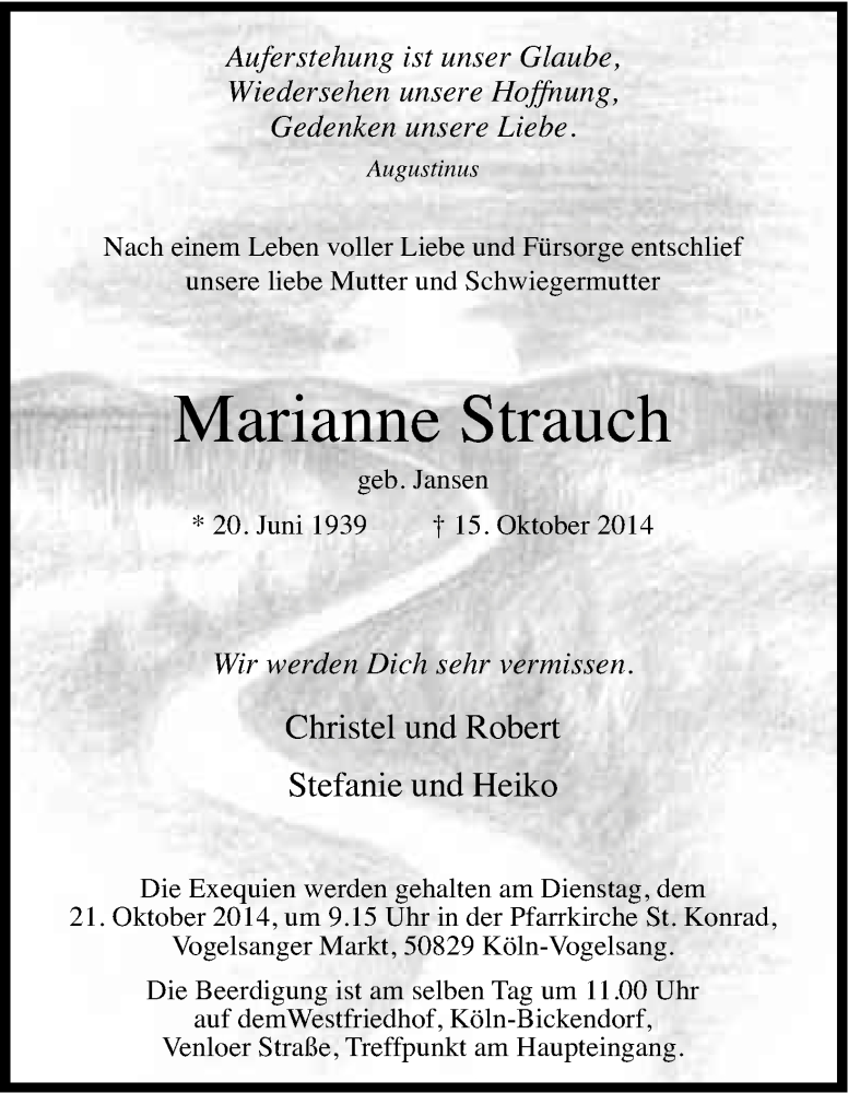  Traueranzeige für Marianne Strauch vom 18.10.2014 aus Kölner Stadt-Anzeiger / Kölnische Rundschau / Express