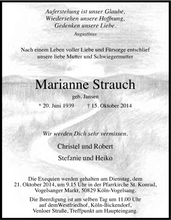 Anzeige von Marianne Strauch von Kölner Stadt-Anzeiger / Kölnische Rundschau / Express