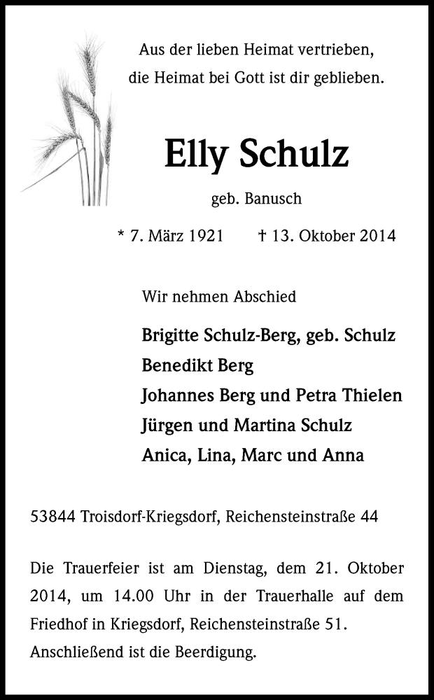  Traueranzeige für Elly Schulz vom 18.10.2014 aus Kölner Stadt-Anzeiger / Kölnische Rundschau / Express