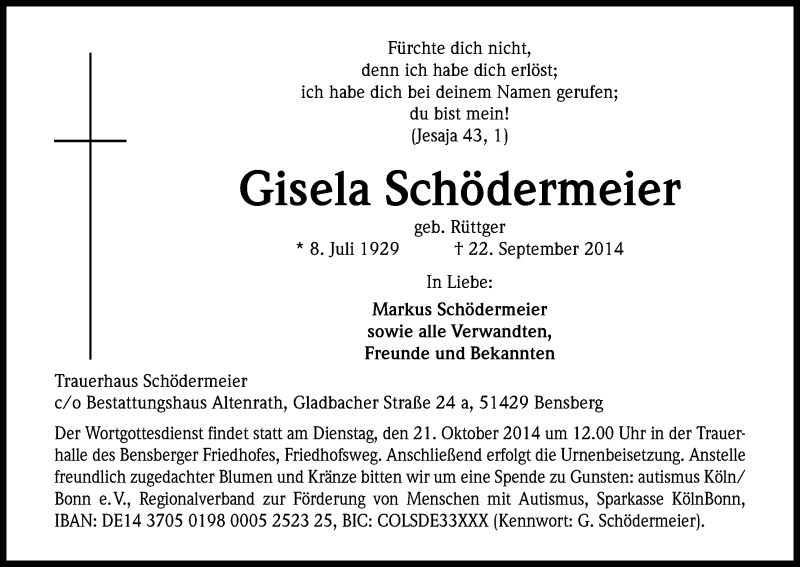  Traueranzeige für Gisela Schödermeier vom 17.10.2014 aus Kölner Stadt-Anzeiger / Kölnische Rundschau / Express