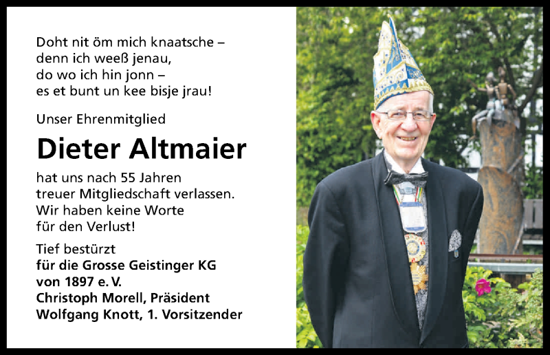  Traueranzeige für Dieter Altmaier vom 17.10.2014 aus Kölner Stadt-Anzeiger / Kölnische Rundschau / Express