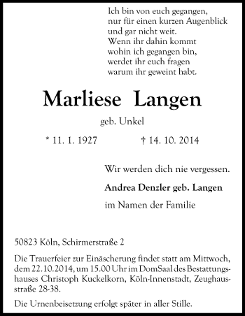 Anzeige von Marliese Langen von Kölner Stadt-Anzeiger / Kölnische Rundschau / Express