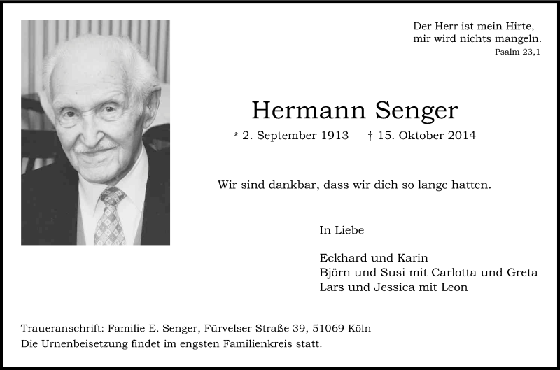  Traueranzeige für Hermann Senger vom 18.10.2014 aus Kölner Stadt-Anzeiger / Kölnische Rundschau / Express
