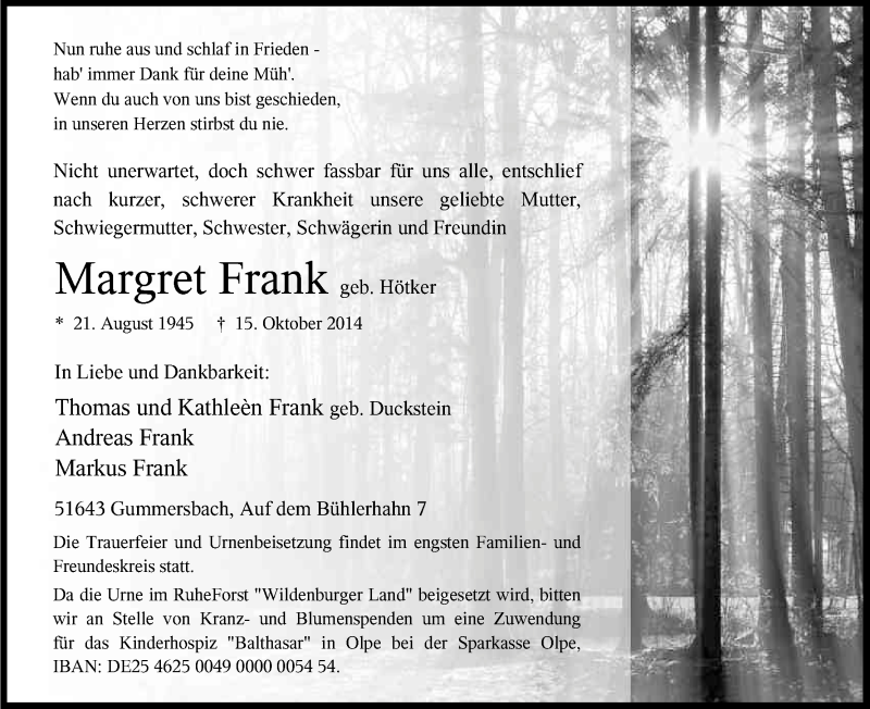 Traueranzeige für Margret Frank vom 17.10.2014 aus Kölner Stadt-Anzeiger / Kölnische Rundschau / Express