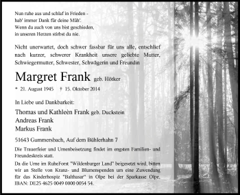 Anzeige von Margret Frank von Kölner Stadt-Anzeiger / Kölnische Rundschau / Express