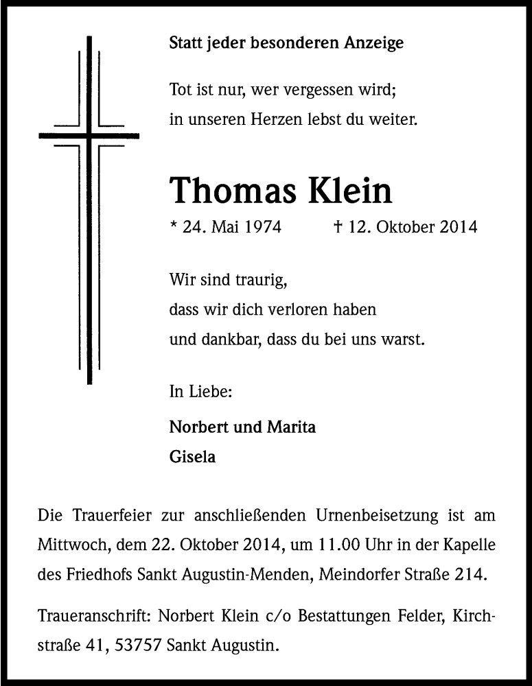  Traueranzeige für Thomas Klein vom 18.10.2014 aus Kölner Stadt-Anzeiger / Kölnische Rundschau / Express