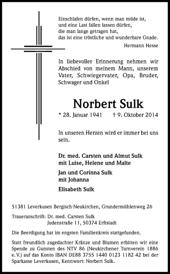 Anzeige von Norbert Sulk von Kölner Stadt-Anzeiger / Kölnische Rundschau / Express